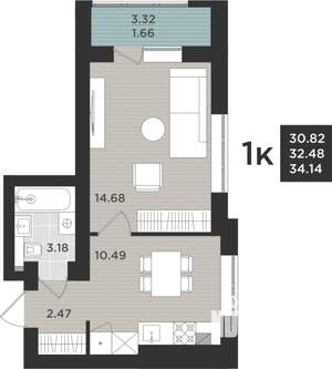 1-к квартира, вторичка, 34м2, 5/9 этаж