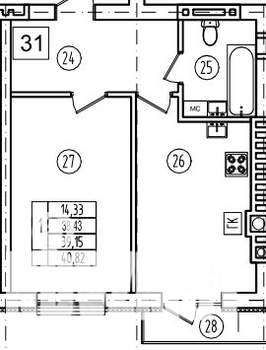 1-к квартира, строящийся дом, 39м2, 5/9 этаж