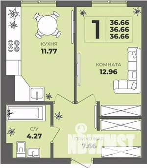 1-к квартира, строящийся дом, 37м2, 1/8 этаж