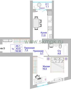 1-к квартира, вторичка, 44м2, 1/8 этаж