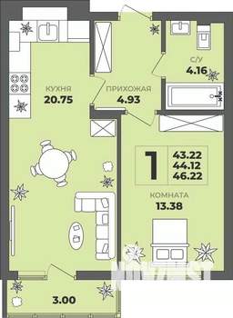 1-к квартира, строящийся дом, 44м2, 1/8 этаж