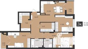 3-к квартира, строящийся дом, 92м2, 1/4 этаж
