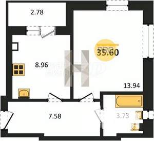 1-к квартира, вторичка, 36м2, 5/9 этаж