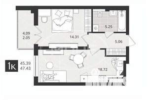 1-к квартира, вторичка, 45м2, 1/4 этаж