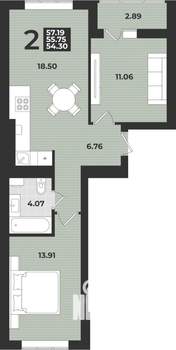 2-к квартира, вторичка, 57м2, 9/9 этаж