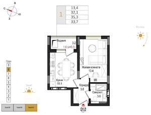 1-к квартира, вторичка, 34м2, 8/9 этаж