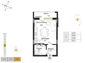 Студия квартира, вторичка, 30м2, 5/9 этаж